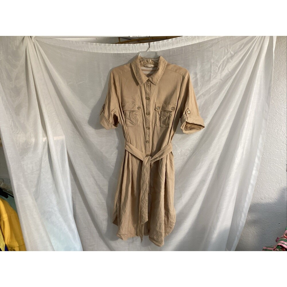soft surroundings petite large utility shirt dress beige linen blend preppy